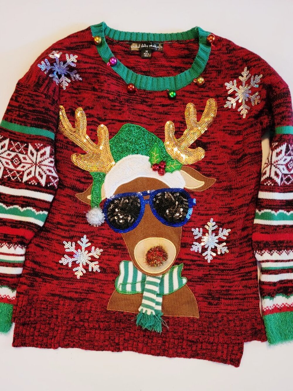 Vintage United States Christmas/Holiday Sweater, with Sequins, Bells and Pom-Pom